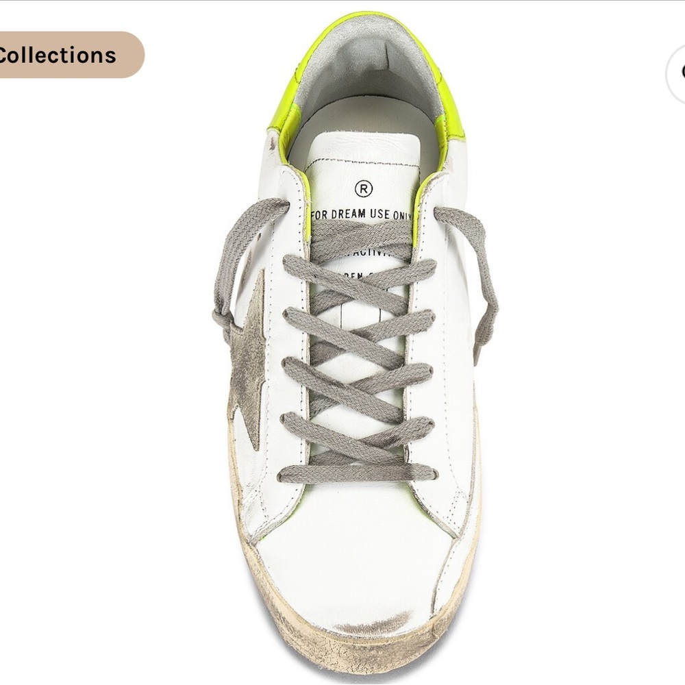 Golden Goose White Sneakers with Gray Star and Neon Yellow Heel - Picture 4 of 13